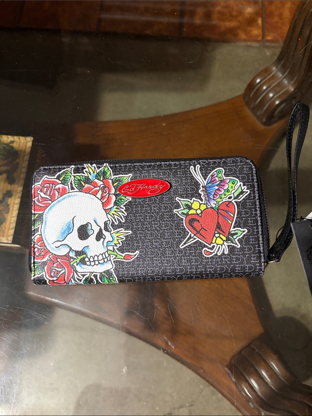 Ed Hardy Black Skull & Rose Zip Wristlet with Heart Tattoo Motif